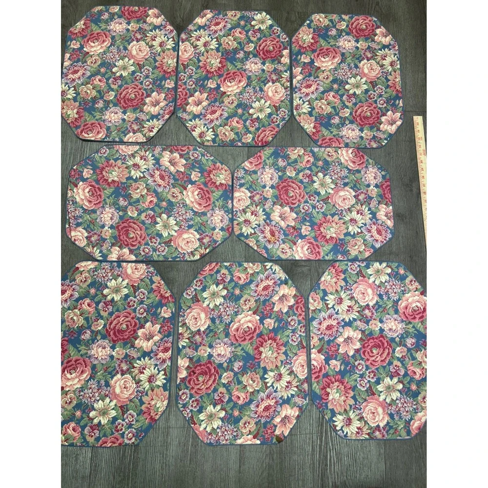 Vintage 80s 90s Quilted Placemats Set of 8 Cottagecore Cabbage Rose Floral Blue